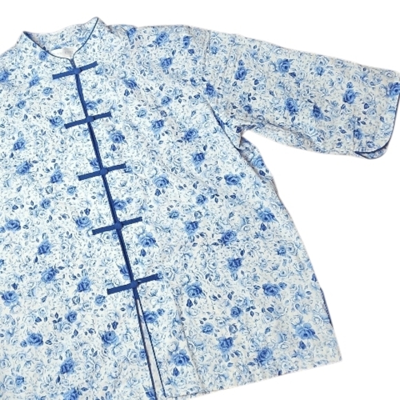 CABERNET | Crisp Cotton Blue White Floral Chinoiserie Asian Style Sleepwear | L - Picture 3 of 13